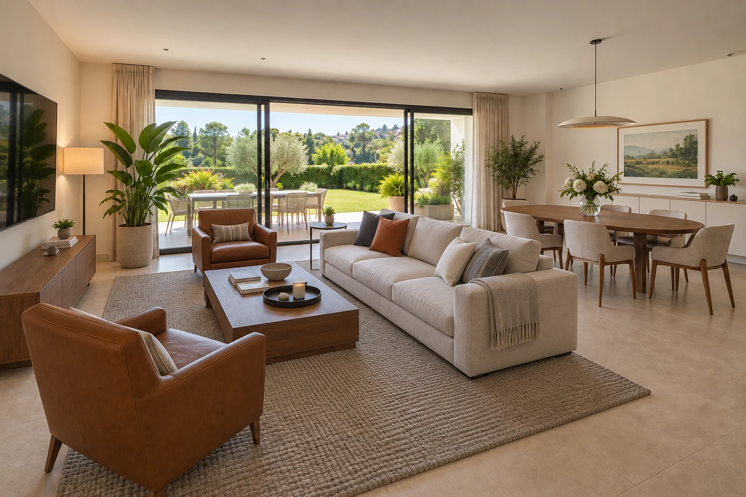Séjour de villa lumineux, canapé clair, fauteuil en cuir et salle à manger ouverte sur le jardin